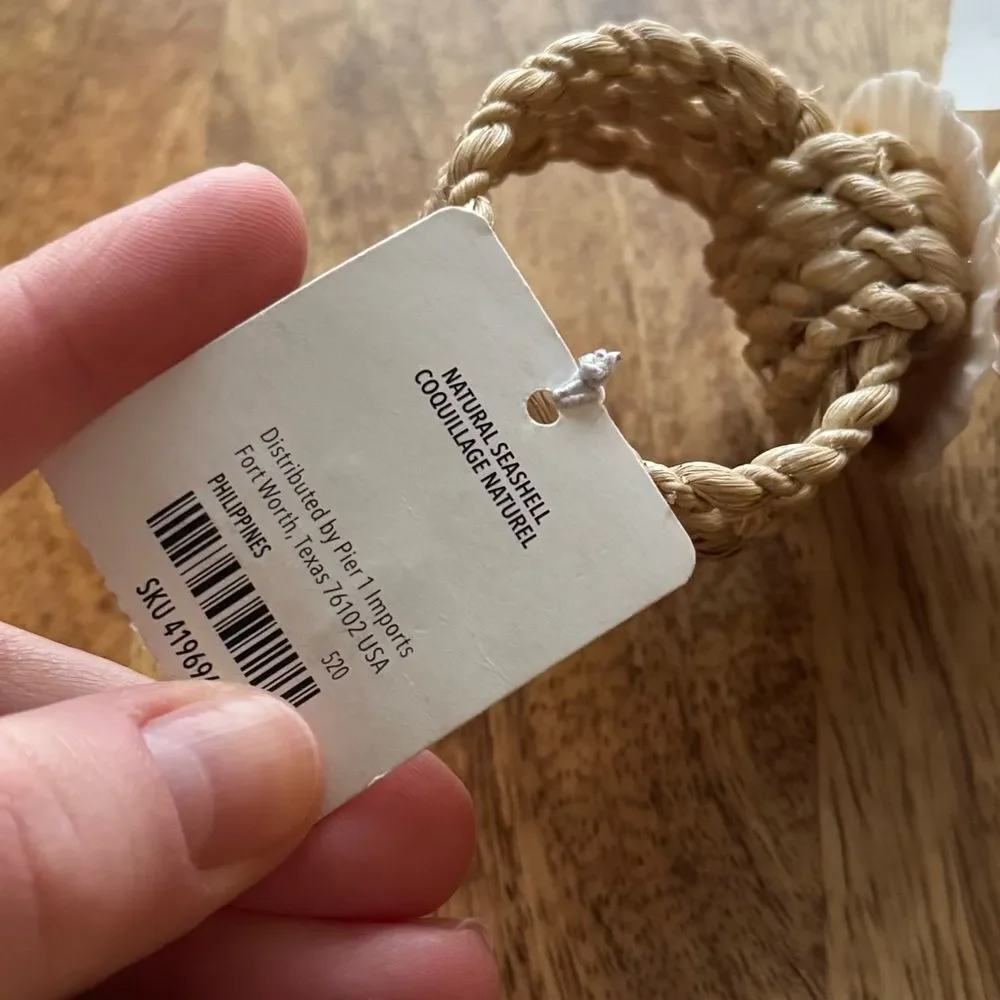 NWT Pier 1 Imports Natural Seashell Napkin Ring Set of 4 Jute Beach Theme Shells